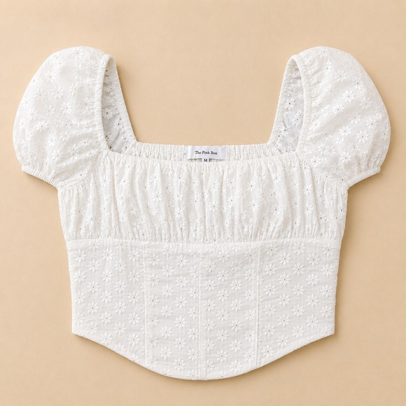 The Pink Box Tops - White Eyelet Embroidered Puff Sleeve Crop Top Juniors M Cottagecore Coquette